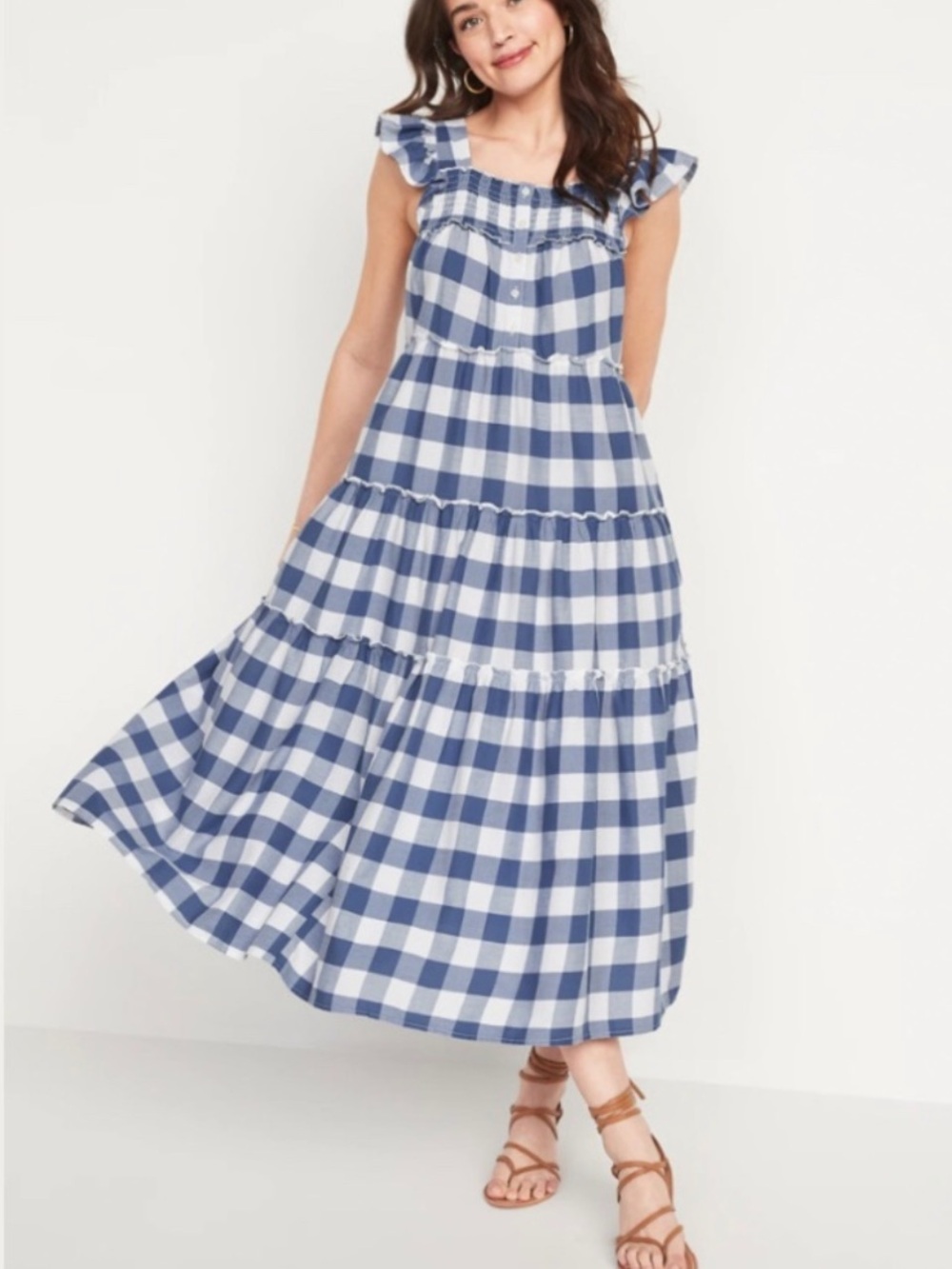 Old Navy Women's Blue Flutter Sleeve Tiered Smocked Gingham Midi Swing Dress